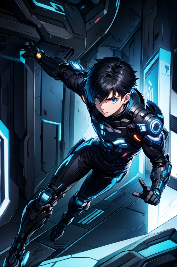 solo、front、whole body、Anime boy protagonist in futuristic mechanical looking combat suit、Cyberpunk Anime Boy、