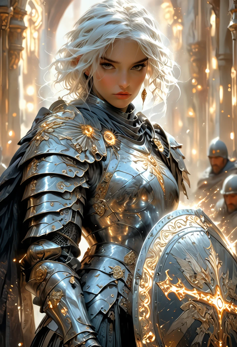 breathtaking A Very detailed Digital Painting of a powerful knight in armor holding a large, Shield decorated with heroic poses, An extremely detailed full-body knight in shiny silver armor with intricate patterns, Stand in a dramatic pose, Huge in one hand, A circular shield with a glowing emblem in the center, The shield is inscribed with beautiful scrollwork and runes., Shining metal, Cinema Lighting, Illustration：ArtJam、Greg Rutkowski、Alphonse Mucha, Digital Painting . Award-winning, professional, Very detailed, Detailed Matte Painting, Dark color, Fantasy, Intricate details, Splash screen, Complementary Color, Fantasy Concept Art, 8k resolution trending on Artstation Unreal Engine 5 White short hair female knight　