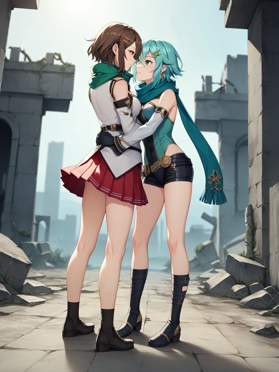 2 girls ,sinonggo, aqua eyes, short hair, aqua hair, sidelocks, hair between eyes, hairclip, hair ornament, green jacket, leotard, scarf, black shorts, gloves, long sleeves, medium breasts, BREAK , long hair, brown eyes, brown hair, white jacket with red cross, red skirt, short pleated skirt, detached sleeves
both the same height, hugging, looking at each other
urban battlefield, ruins, night sky, depth of field, cinematic, game cg, anime screencap, official art, masterpiece, best quality, full body shot
