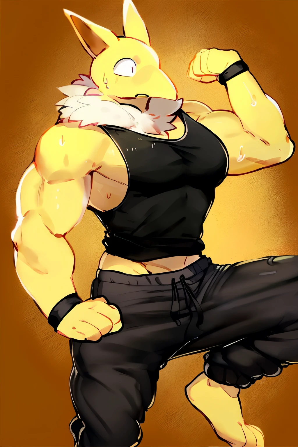 Furry, Anthro, solo, Hypno, Male, (((muscular body, massive male pectorals, yellow skin, wearing white fluffy fur around neck))), ((((massive biceps, worried, wide-eyed, head tilted, sweating, glossy, flexing arms up, standing on one leg)))), ((((((massive bulky torso, facing viewer, wearing black tanktop, black wristbands, wearing black sweatpants)))))), upper body, black/yellow spraypainted background, by buta99, by zackary911, by bebebebebe, (((digital painting)))