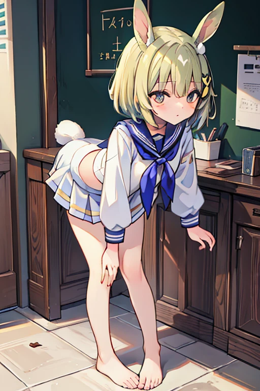 (masterpiece,best quality,ultra-detailed), a 13 years-old tsundere and smart anime schoolgirl and a student council president of all-girls school. She has chocolate colored bob-cut short hair, bronze triangle eyes, rex mini rabbit ears and tail, petite body shape and curves, wearing all-girls school sailor suit uniform, standing in a tsundere pose, leaning forward, in a tsudere expression, in a female toilet