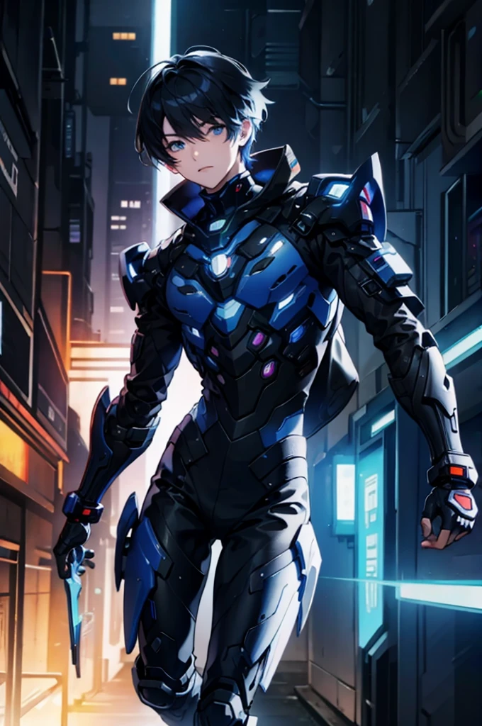 solo、front、whole body、Anime boy protagonist in futuristic mechanical looking combat suit、Cyberpunk Anime Boy、