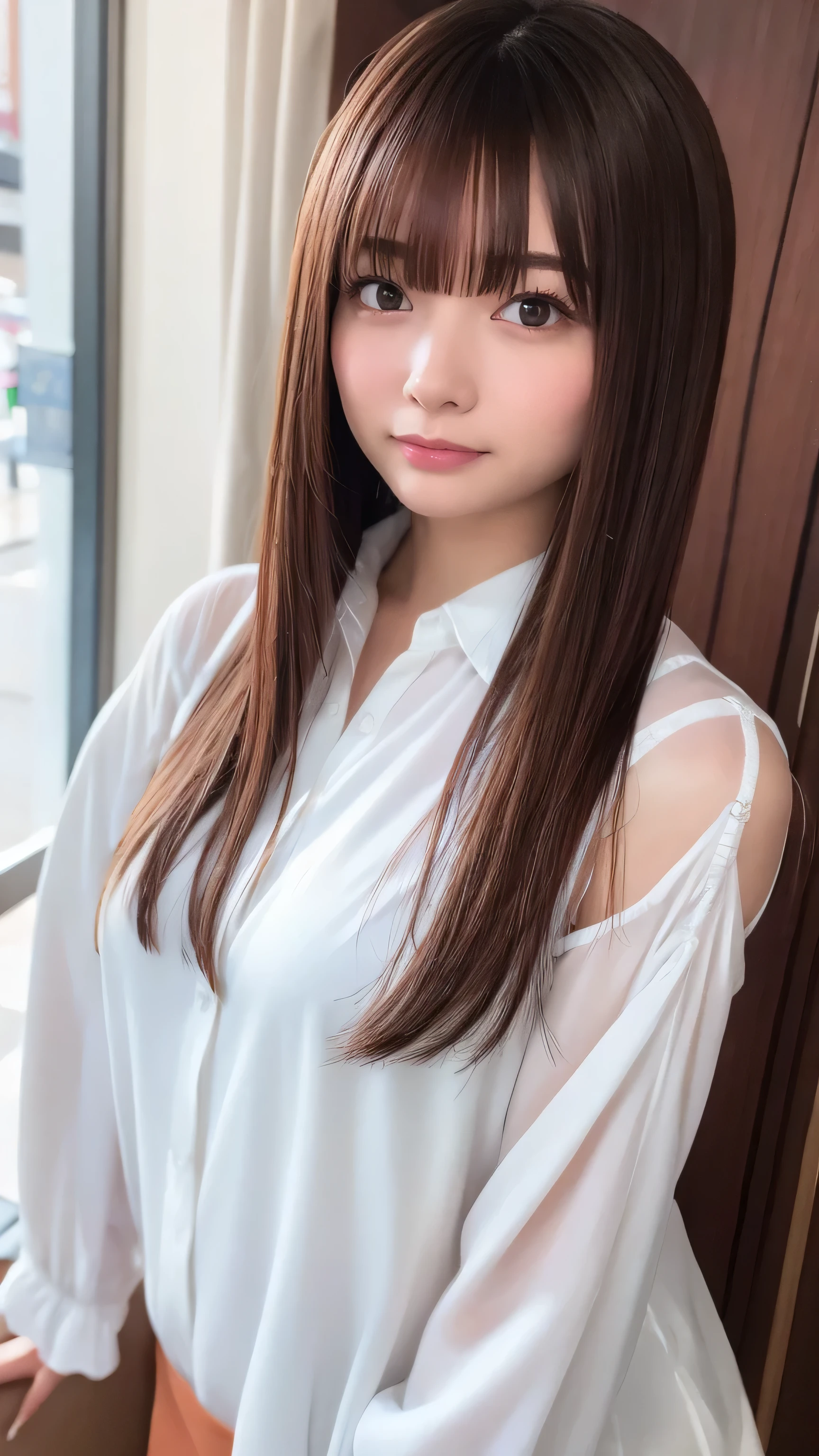 Ultra-high resolution, Superior Quality, Best Quality, Super detailed, Realistic, 8k, RAW Photos, Best Quality, masterpiece, Attractive girl, A wonderful girl, Brown Hair, Shoulder-length layered, Asymmetrical bangs, Japanese Idols, Sophisticated, stylish, blouse,Shibuya Ward,