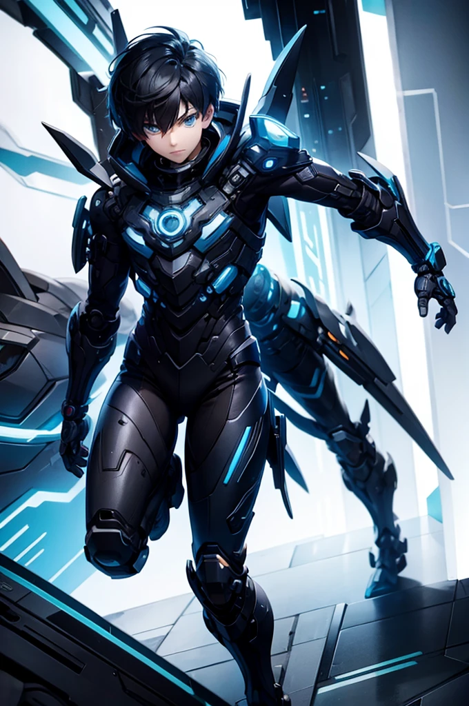 solo、front、whole body、Anime boy protagonist in futuristic mechanical looking combat suit、Cyberpunk Anime Boy、