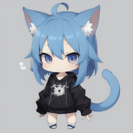 Alone,Chibi ,Anime girl, blue hair with, large clothes, neko ear. a single character