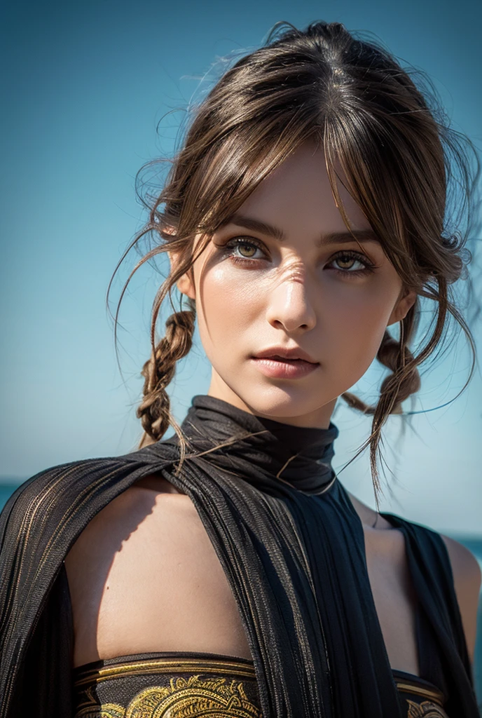 UHD, anatomically correct, ccurate, textured skin, high details, best quality, 8k,Surrealism, high detail, Cubist Futurism, modern, Ghibli-like colours,blending, drop shadow, chromatic aberration, glowing light,light brown hair, hair over shoulder, ponytail, light blush, naughty face,first-person view, cowboy shot, foreshortening, Canon