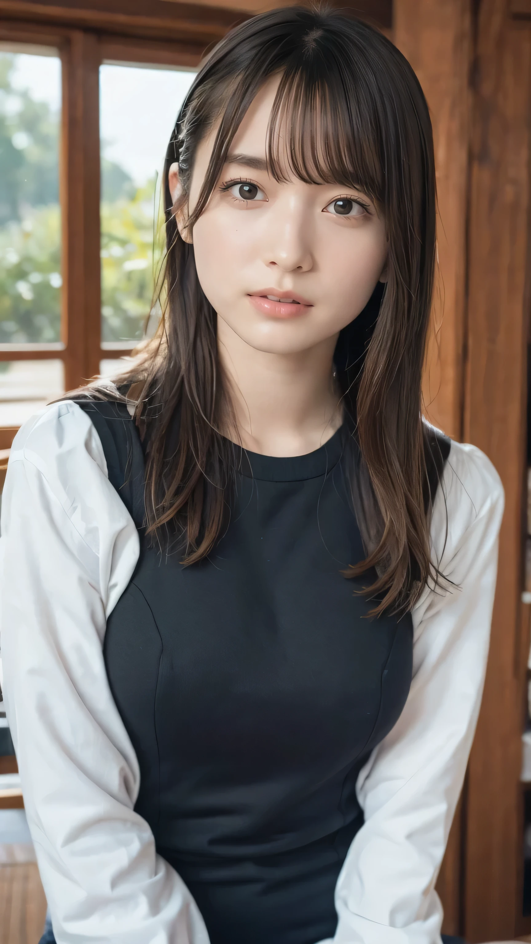 Ultra-high resolution, Superior Quality, Best Quality, Super detailed, Realistic, 8k, RAW Photos, Best Quality, masterpiece, Attractive girl, A wonderful girl, Brown Hair, Shoulder-length layered, Asymmetrical bangs, Japanese Idols, Sophisticated, stylish, blouse