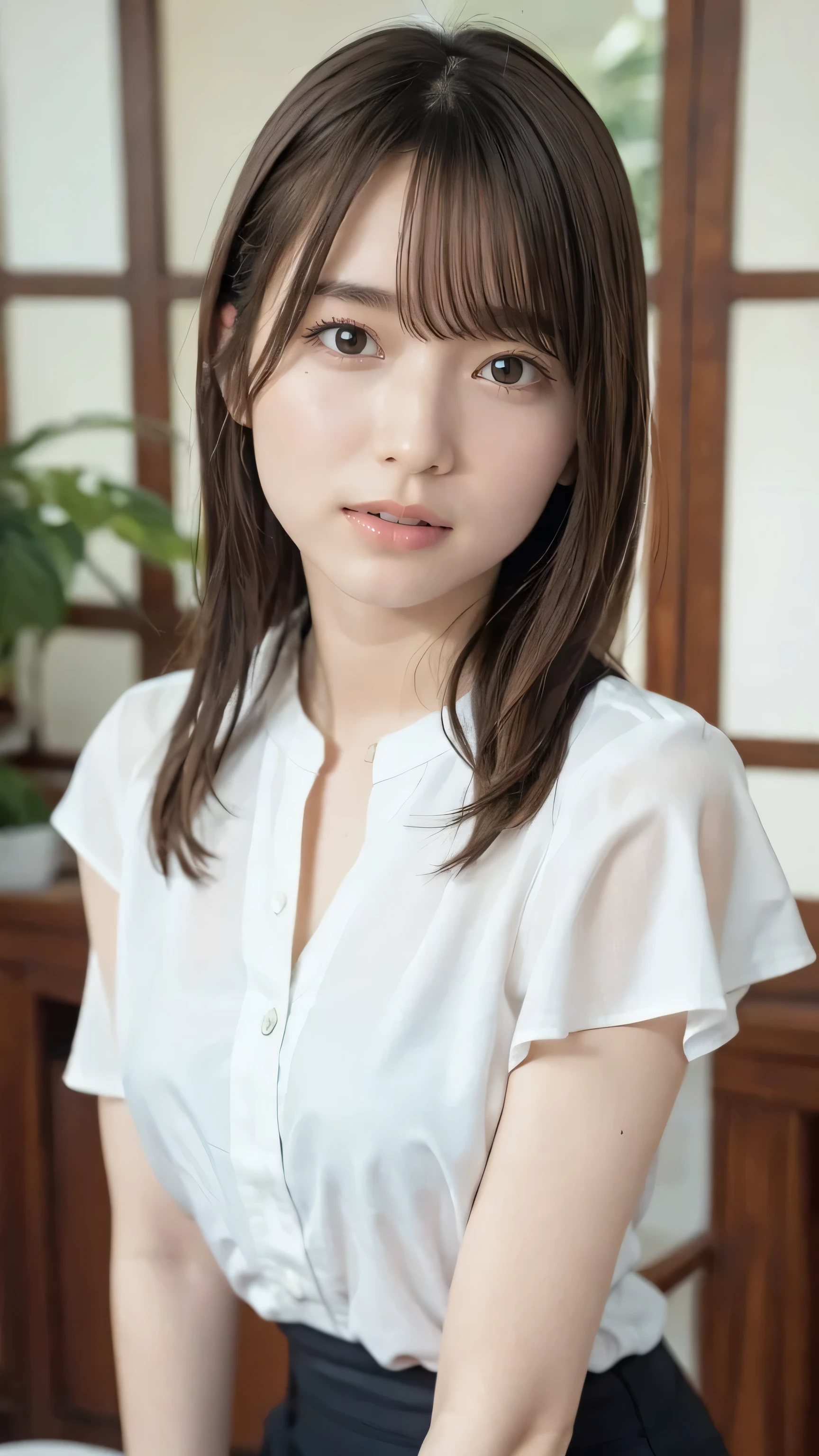 Ultra-high resolution, Superior Quality, Best Quality, Super detailed, Realistic, 8k, RAW Photos, Best Quality, masterpiece, Attractive girl, A wonderful girl, Brown Hair, Shoulder-length layered, Asymmetrical bangs, Japanese Idols, Sophisticated, stylish, blouse