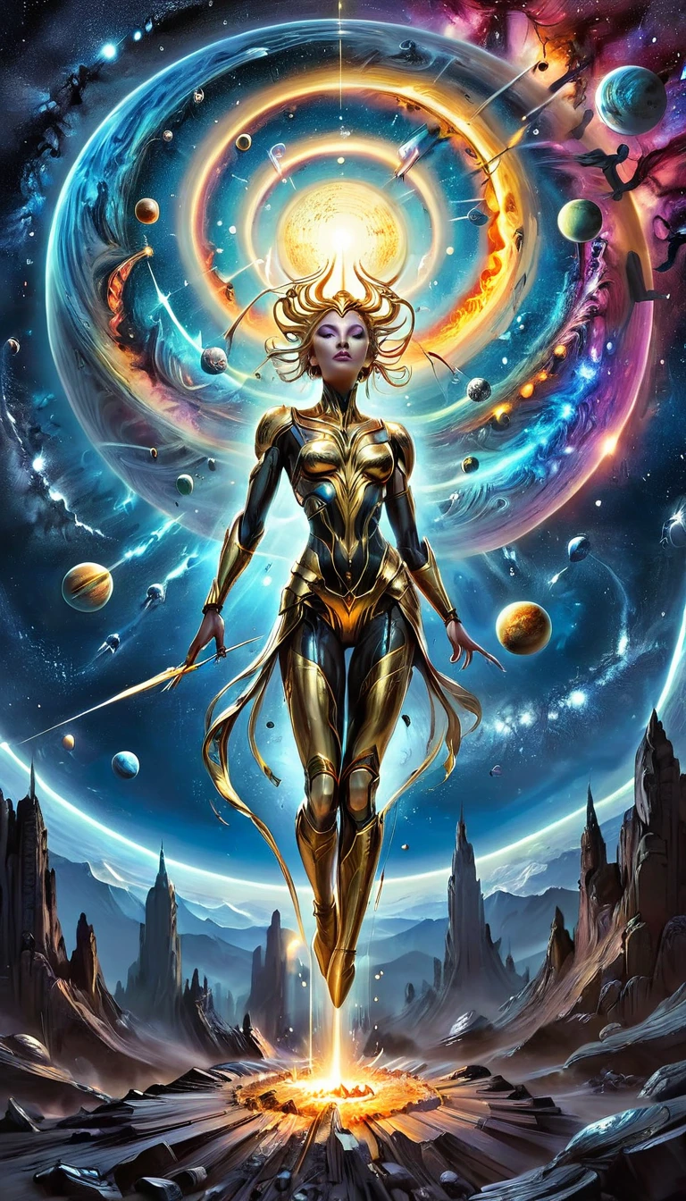 High quality. 4k, many details. Distant view. Makeup. Masterpiece, accurate, detailed background, better quality, original work. full body, expanded galaxy background, night scenery, bending planets, many planets. shooting stars, transparently goddess hand, floating pose, amazing deep view, colliding planets, holding a golden spear. Celestial Goddess power, burning planets