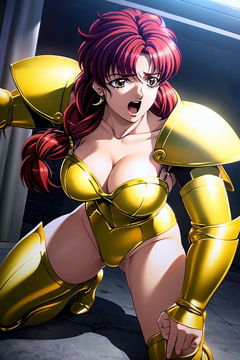 At the martial arts hall of the Greek Colosseum、Martial Arts Tournament、Saint Seiya、Beautiful single girl、Big Breasts、Crawling through the cleavage、Beautiful legs、(((Wearing shiny, gold, futuristic combat armor)))、((metal armor))、((scream))、((Scream))、((Combat pose))、8k, Best Quality, （The beauty of pubic hair）、High resolution, Realistic, Real People,、Big Breasts