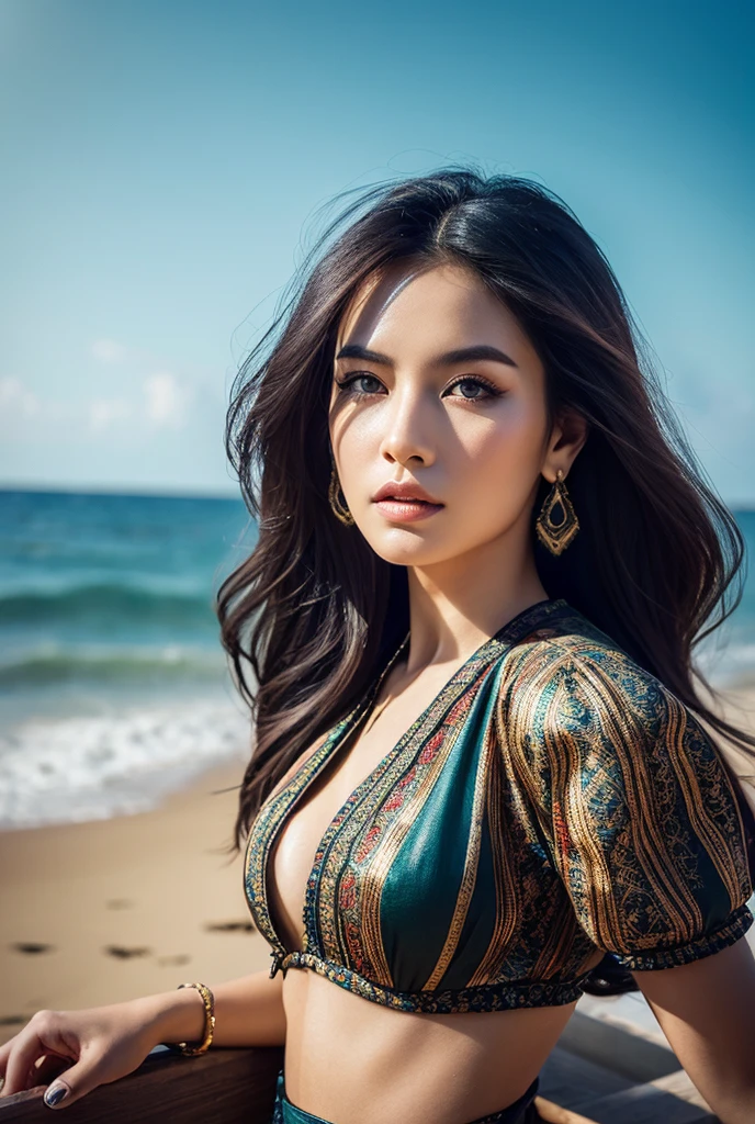 Stunningly energetic brunette in her thirties., radiating youth and beauty with her gorgeous shoulder length black hair, posing on a stunning beach, in a red dress, shot by an experienced professional photographer. The stage is beautifully lit, the landscape serves as a picturesque backdrop, and the woman’s reflection is perfectly emphasized. Image, demonstrates the natural grace of a woman and the impeccable quality of composition., highlighting every exquisite detail of a serene and enchanting moment.