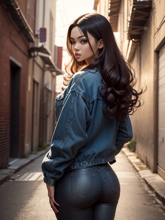 photorealistic, high resolution, 1 beautiful female, Asian beauty, long curly hairstyle, black hair, denim streetwear, background back alley street, dynamic pose, dramatic, chromatic aberration. 