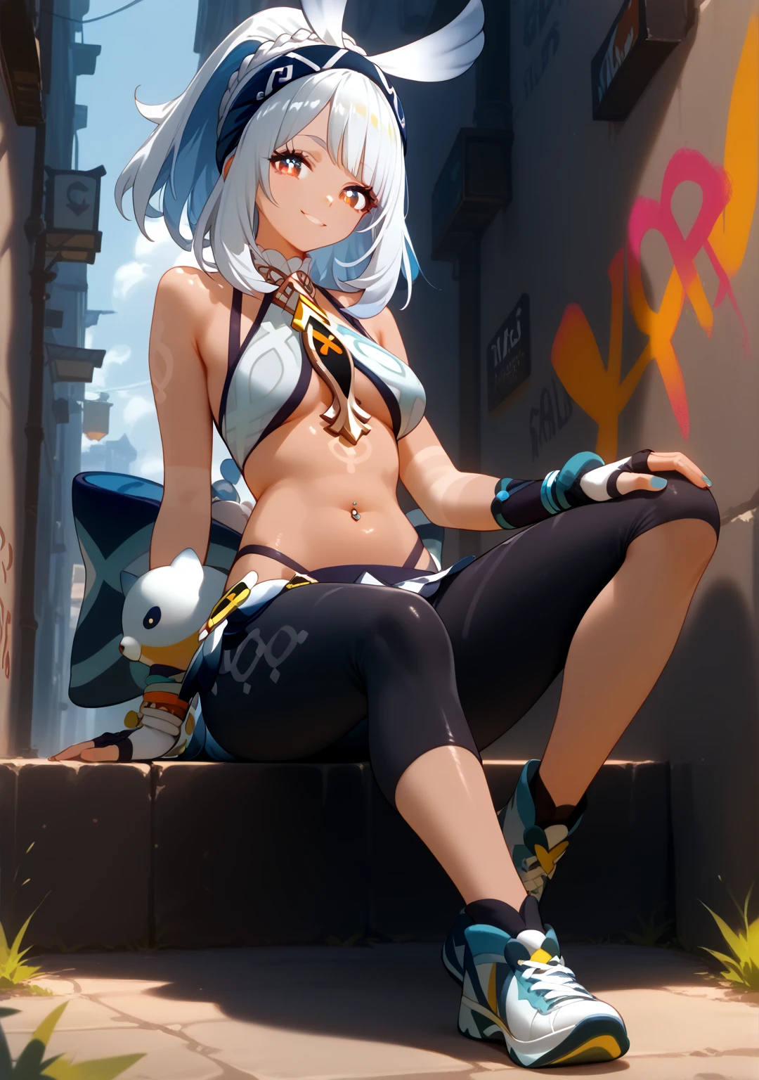 Highest quality, Highest quality, High quality illustrations, masterpiece, Ultra-high resolution, Detailed Background, Absurd, Perfect Anatomy, performance, Good lighting, Shadows in the movies, 1 girl, solo, mualani_\(genshin_impact\), alternate costume, medium breasts, smirk, halterneck, midriff, leather pants, sneakers, navel piercing, leaning back, sitting, arm support, spread legs, knee up, hand on own knee, looking at viewer, head tilt, looking down, graffiti, neon lights, alley, outdoors, bewitching thighs, gleaming, shiny skin, shiny, two beautiful legs