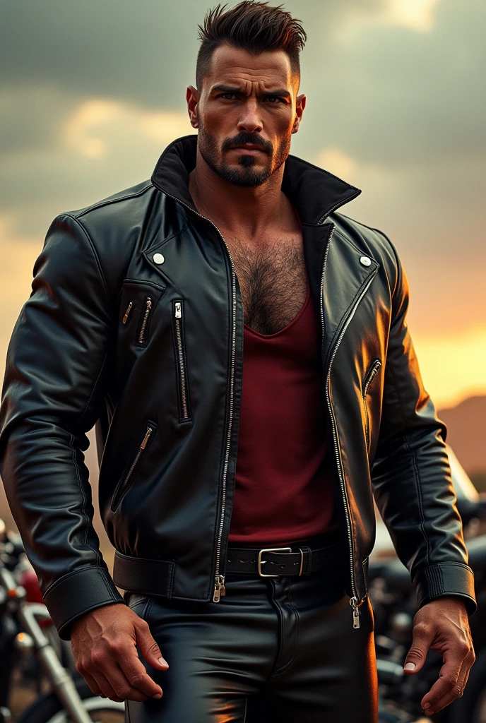 Man with strong and ripped body with big muscles in fighting pose with leather jacket, outside a bar, while it's raining,