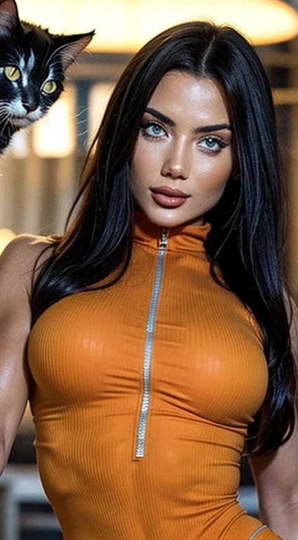 beautiful female bodybuilder, velvety skin, light eyes, looking at the camera, Perfect face, bright look, Woman with cat features, perfect body, orange vinyl suit, detailed face, detailed body, warm colors