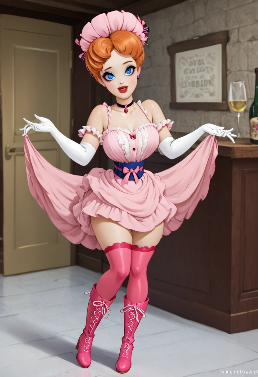 (((NSFW))) A sexy 12yo voluptuous ginger Gibson Girl groped by a horny 69yo gentleman inside a pub. Victorian London. Year 1900. 1900_dr3ss. (((Frilly sleeveless top, sash cinched around her waist))), wide-brimmed picture hat with pink feathers, bare shoulders with (((long pink opera gloves))),  (((mid-length skirt:1.5, pink petticoats, mauve silk stockings))), (((pink high-button boots:1.5))), choker necklace. Gorgeous youthful face, big blue eyes, pouty red lips.