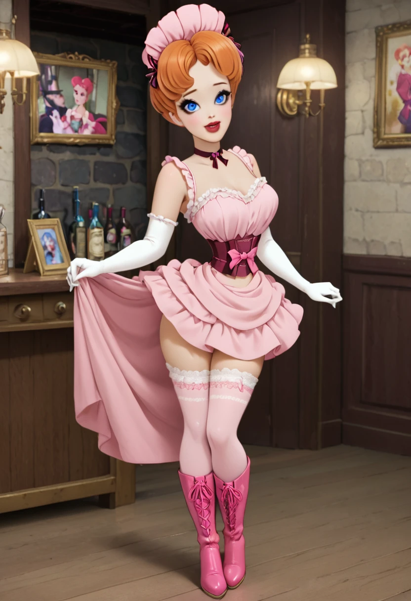 (((NSFW))) A sexy **** voluptuous ginger Gibson Girl groped by a horny 69yo gentleman inside a pub. Victorian London. Year 1900. 1900_dr3ss. (((Frilly sleeveless top, sash cinched around her waist))), wide-brimmed picture hat with pink feathers, bare shoulders with (((long pink opera gloves))),  (((mid-length skirt:1.5, pink petticoats, mauve silk stockings))), (((pink high-button boots:1.5))), choker necklace. Gorgeous youthful face, big blue eyes, pouty red lips.