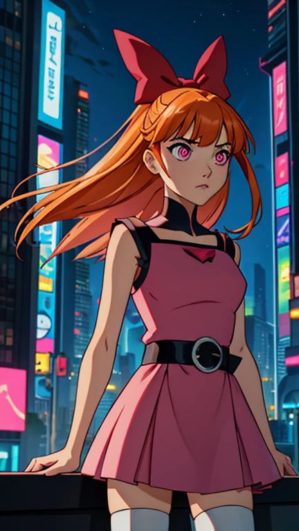 (Teens:1girl: Blossom), (extremely detailed CG unit 8k wallpaper),(master part), (best quality), (ultra detail), (best illustration),(city-scene-aso), cowboy shot, (Sharp eyeliner, ombre, detailed eyes:1), vivid color, night, neon light, cyberpunk city, outdoor, ,break , (jeffmatsuda), upper body, long orange hair, blunt bangs, pink eyes, hair bow, red bow, simple pink dress, simple black belt, white thighhighs