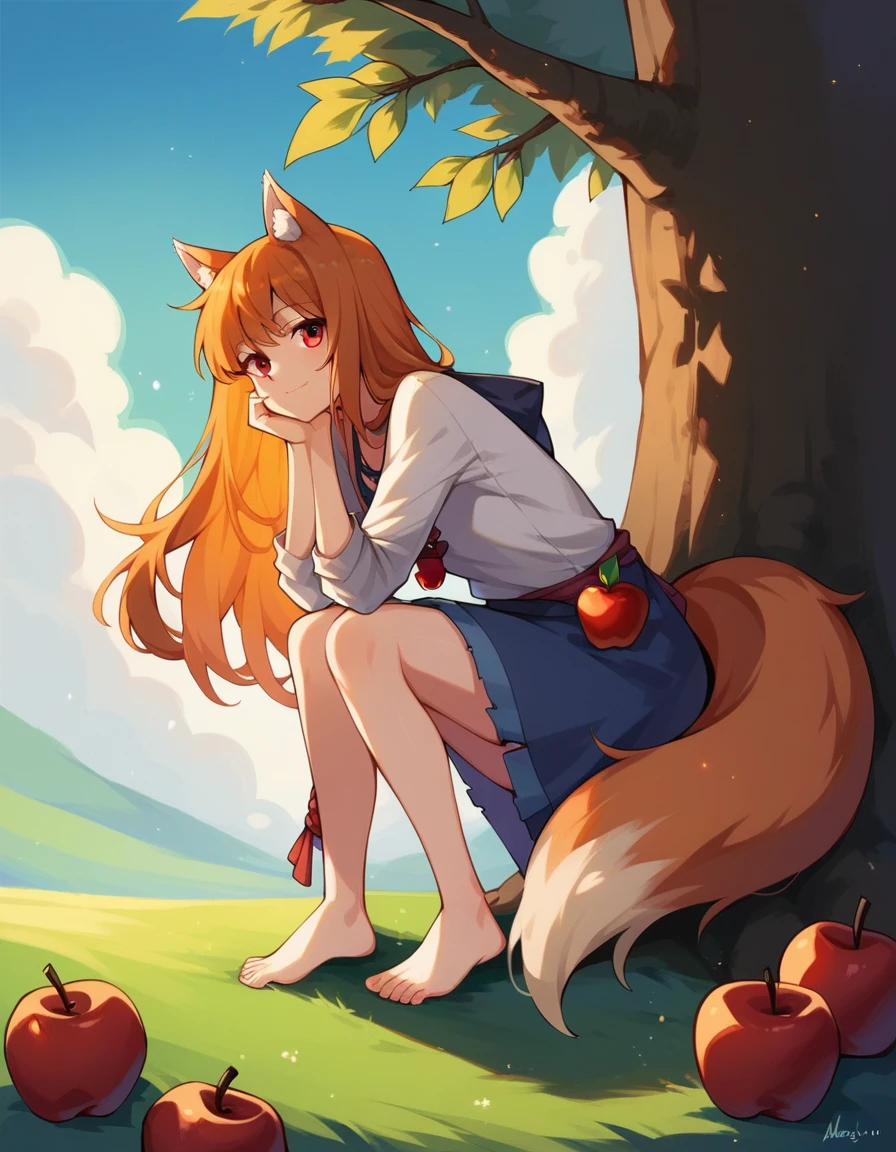 score_9, score_8_up, score_7_up, score_6_up,  holo, 1girl, wolf ears, long hair, solo, red eyes, ginger hair, wolf tail, apple, barefoot