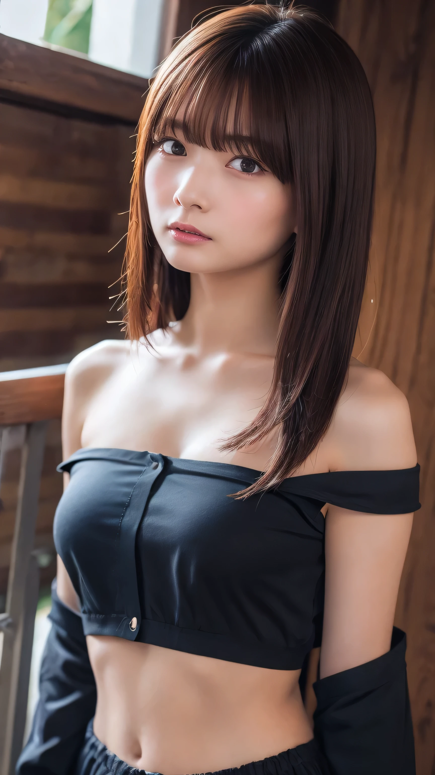 Ultra-high resolution, Superior Quality, Best Quality, Super detailed, Realistic, 8k, RAW Photos, Best Quality, masterpiece, Attractive girl, A wonderful girl, Brown Hair, Shoulder-length layered, Asymmetrical bangs, Japanese Idols, Sophisticated, stylish, Off-the-shoulder tops