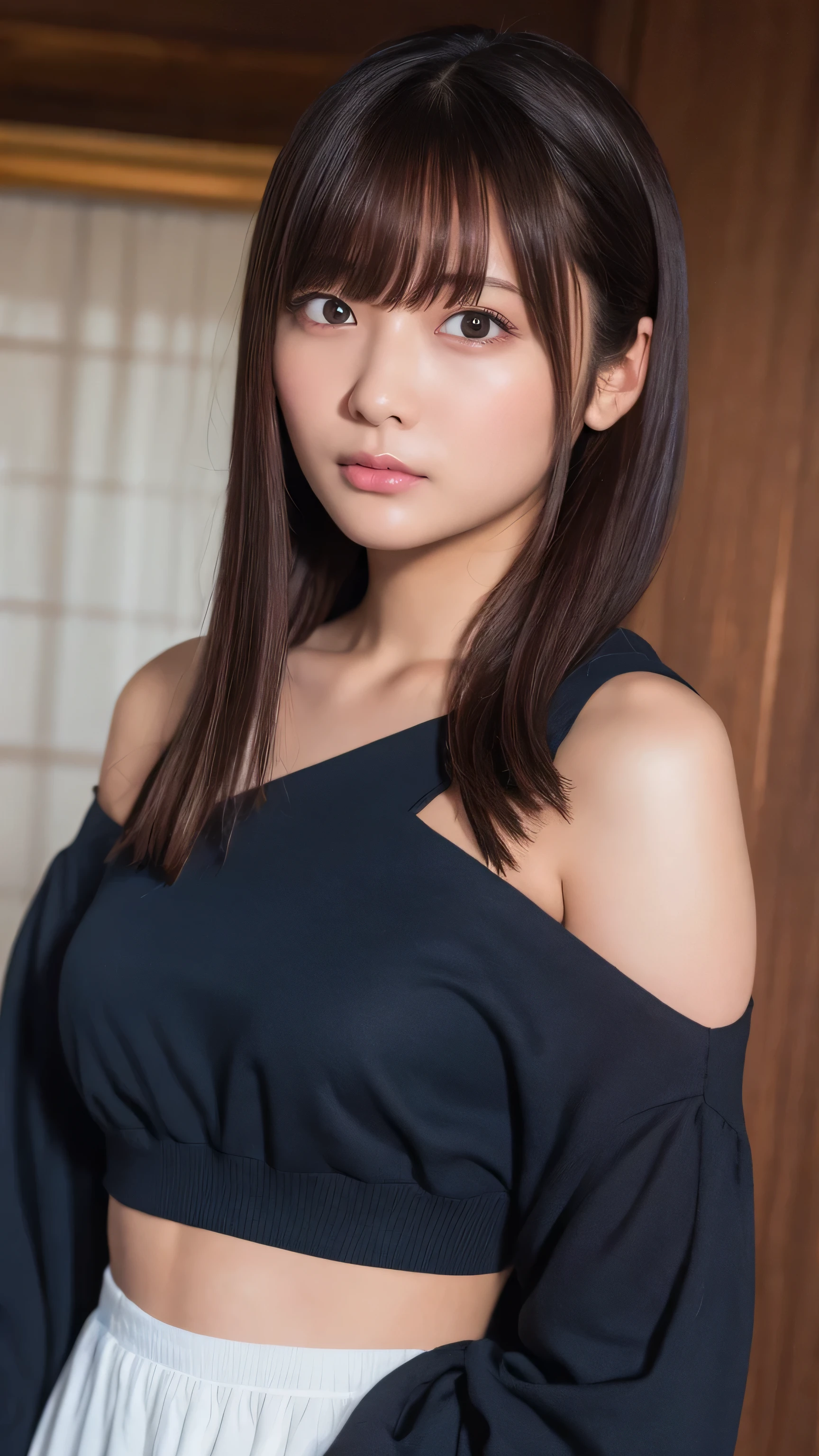 Ultra-high resolution, Superior Quality, Best Quality, Super detailed, Realistic, 8k, RAW Photos, Best Quality, masterpiece, Attractive girl, A wonderful girl, Brown Hair, Shoulder-length layered, Asymmetrical bangs, Japanese Idols, Sophisticated, stylish, Off-the-shoulder tops