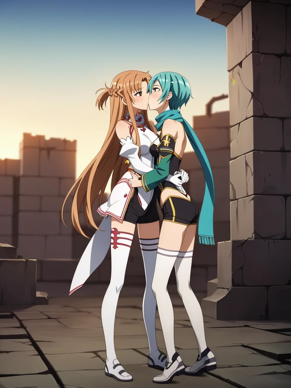 2 girls leasbians, BREAK ,sinonggo, aqua eyes, short hair, aqua hair, sidelocks, hair between eyes, hairclip, hair ornament, green jacket, leotard, scarf, black shorts, gloves, long sleeves, medium breasts, BREAK , yuuki asuna, brown eyes, brown hair, long hair, bangs, braid,skinny, slender body, tiny, medium breasts, standing 
red pleated skirt, white detached sleeves, bare shoulders, white thighhighs,
both the same height, hugging, looking into each others eyes, kissing
urban battlefield, ruins, night sky, depth of field, cinematic, game cg, anime screencap, official art, masterpiece, best quality, full body shot
