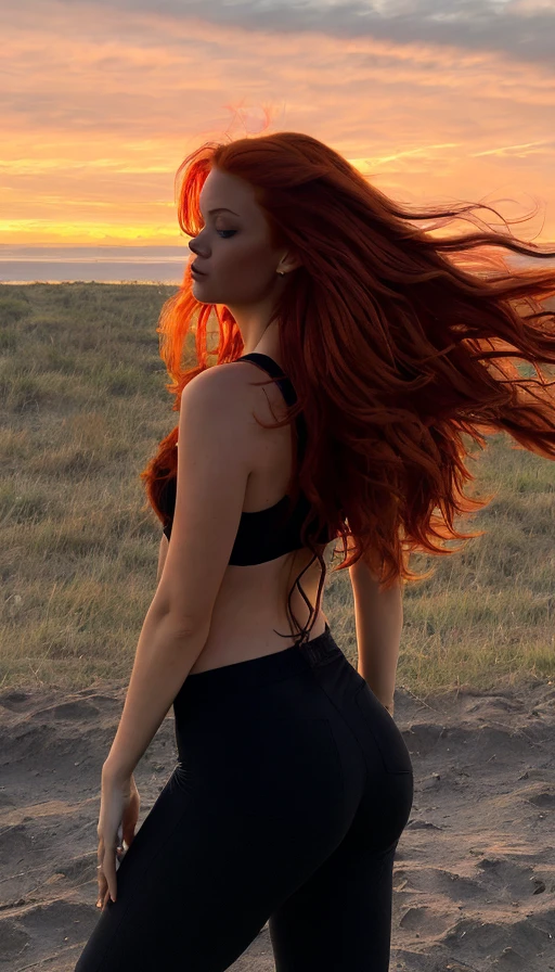 a photograph of a redhead woman with windswept tresses, her hair entangled like flames against a twilight sky, emanating untamed beauty