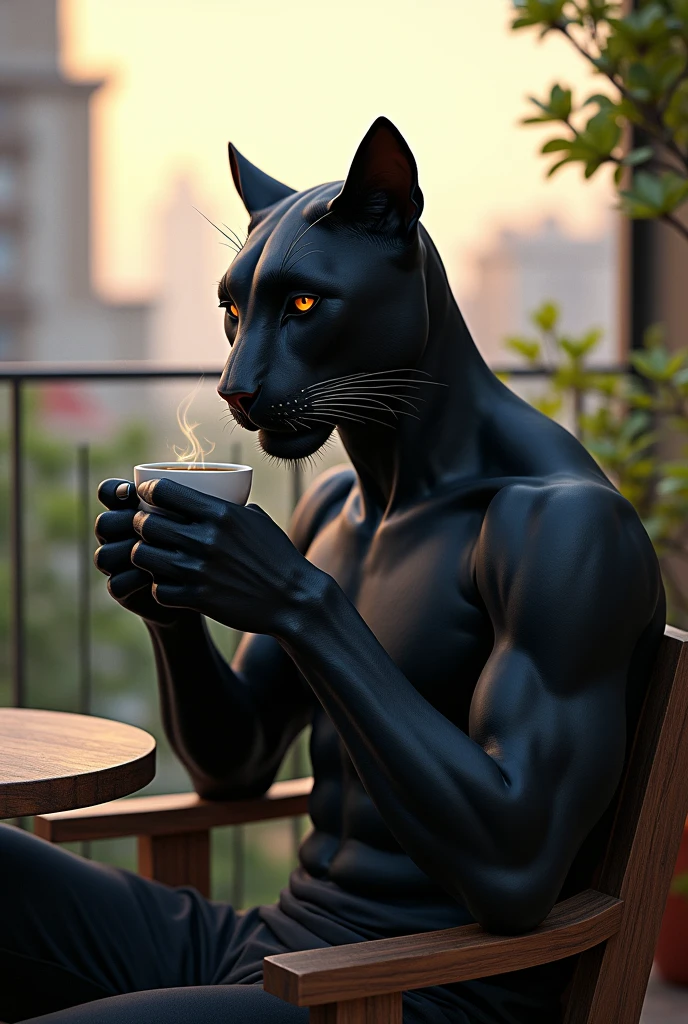 Huge Anthropomorphic Man-Black cat drinking hot coffee, coffee, dawn, Dawn lighting
