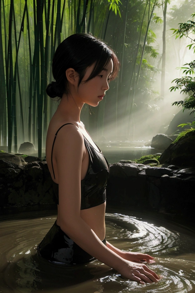 Silhouette of a young woman taking a bath, with a river flowing through a quiet valley, bamboo forests and mist rising into the sky as the background.