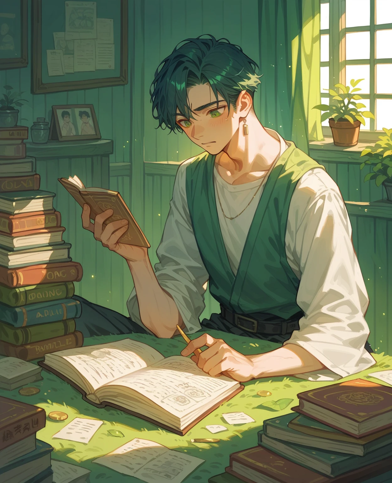 man studying in a calm environment, in a world with many colors and more and more colors, anime style
