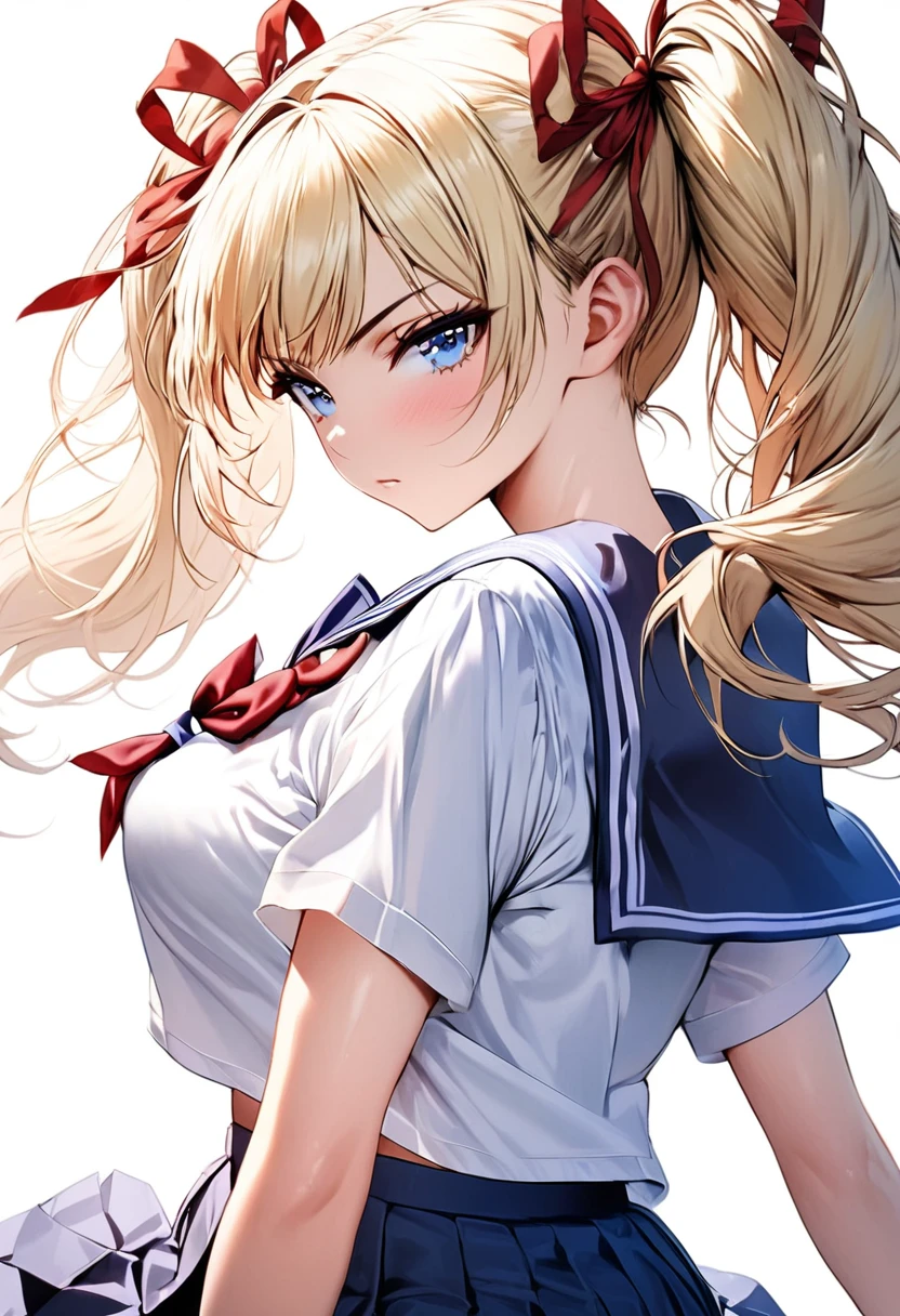 masterpiece,Best Quality,(ultra-detailliert:1.2), Beautiful eyes,Beautiful hair,Beautiful face,Beautiful skin, 1girl, japanese highshcool girl, sailor collar, school uniform, (((blonde))), twintails, miniskirt, dark blue eyes, serious high school girl, school uniform,  sailor suit, middy uniform, (((white shirt))), red ribbon,(((white background))), white high socks, brown pumps, monochromatic background, red hair ribbons, from behind, back shot