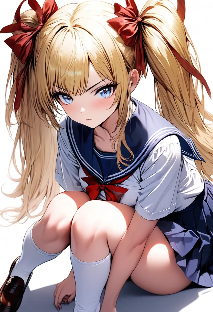 masterpiece,Best Quality,(ultra-detailliert:1.2), Beautiful eyes,Beautiful hair,Beautiful face,Beautiful skin, 1girl, japanese highshcool girl, sailor collar, school uniform, (((blonde))), twintails, miniskirt, dark blue eyes, serious high school girl, school uniform,  sailor suit, middy uniform, (((white shirt))), red ribbon,(((white background))), white high socks, brown pumps, monochromatic background, red hair ribbons