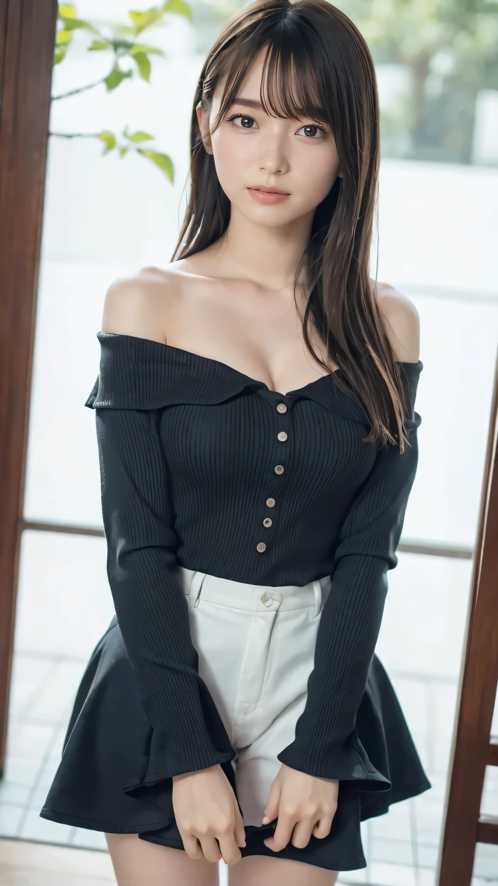 Ultra-high resolution, Superior Quality, Best Quality, Super detailed, Realistic, 8k, RAW Photos, Best Quality, masterpiece, Attractive girl, A wonderful girl, Brown Hair, Shoulder-length layered, Asymmetrical bangs, Japanese Idols, Sophisticated, stylish, Off-the-shoulder tops, She bends forward to reveal her cleavage.