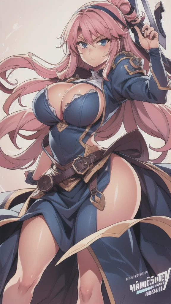 masterpiece,best quality,kim_kwang_hyun, 1girl , nonomi, pink Long hair, Bangs, hair between eyes, plumpy, solo, pink hair, shiny hair, large huge breasts, looking at viewer, blue eyes, pink hair, big boson, large huge breasts, long sleeves, dress, cleavage, closed mouth, weapon (( sword )), puffy sleeves, arm up, clothing cutout, copyright name, blue dress, cleavage cutout, juliet sleeves , power armor, shoulder armor, pink long hair, blue eyes, serious 