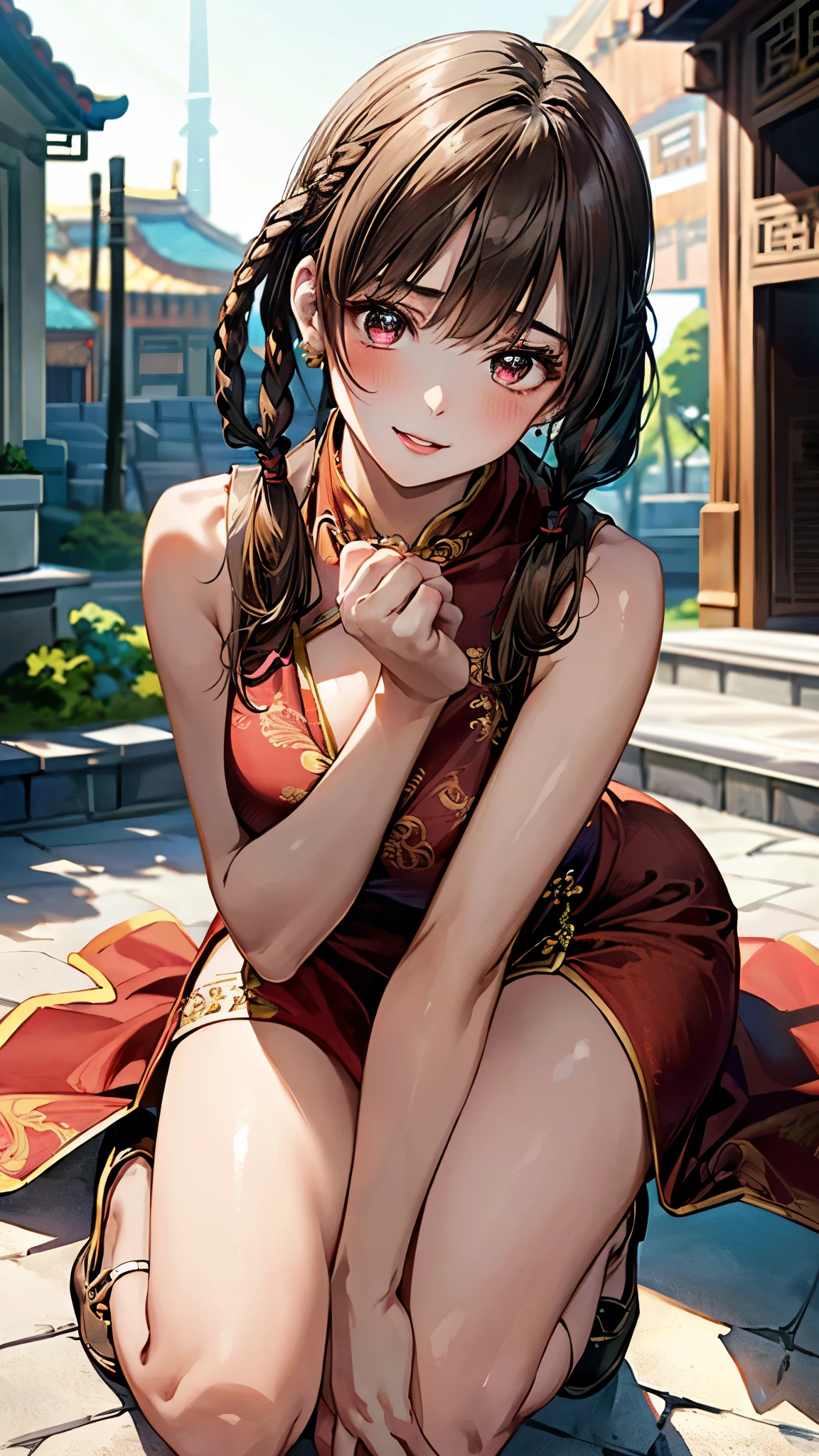 (masterpiece:1.3, top-quality, ultra high res, ultra detailed), (realistic, photorealistic:1.3), beautiful illustration, perfect lighting, natural lighting, colorful, depth of fields, surrealism, 
beautiful detailed hair, beautiful detailed face, beautiful detailed eyes, beautiful clavicle, beautiful body, beautiful chest, beautiful thigh, beautiful legs, beautiful fingers, shiny skin, 
looking at viewer, selfie, 1 girl, DOALeiFang, high school girl, (perfect anatomy, anatomically correct, super detailed skin), cute and symmetrical face, perfect face, perfect eyes, babyface, 
(middle hair, twin braids, hair rings, brown hair), blunt bangs, brown eyes, long eyelashes, (large breasts, seductive thighs), glamorous, outstanding style, skin dentation,
(detailed cloth texture, break sleeveless red china dress), 
(beautiful scenery), evening, (chinese architecture:1.2), crouching, (lovely smile, parted lips),