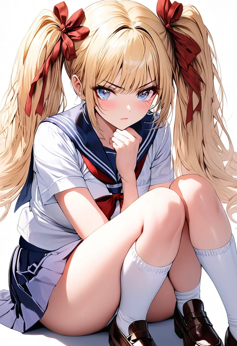 masterpiece,Best Quality,(ultra-detailliert:1.2), Beautiful eyes,Beautiful hair,Beautiful face,Beautiful skin, 1girl, japanese highshcool girl, sailor collar, school uniform, (((blonde))), twintails, miniskirt, dark blue eyes, serious high school girl, school uniform,  sailor suit, middy uniform, (((white shirt))), red ribbon,(((white background))), white high socks, brown pumps, monochromatic background, red hair ribbons