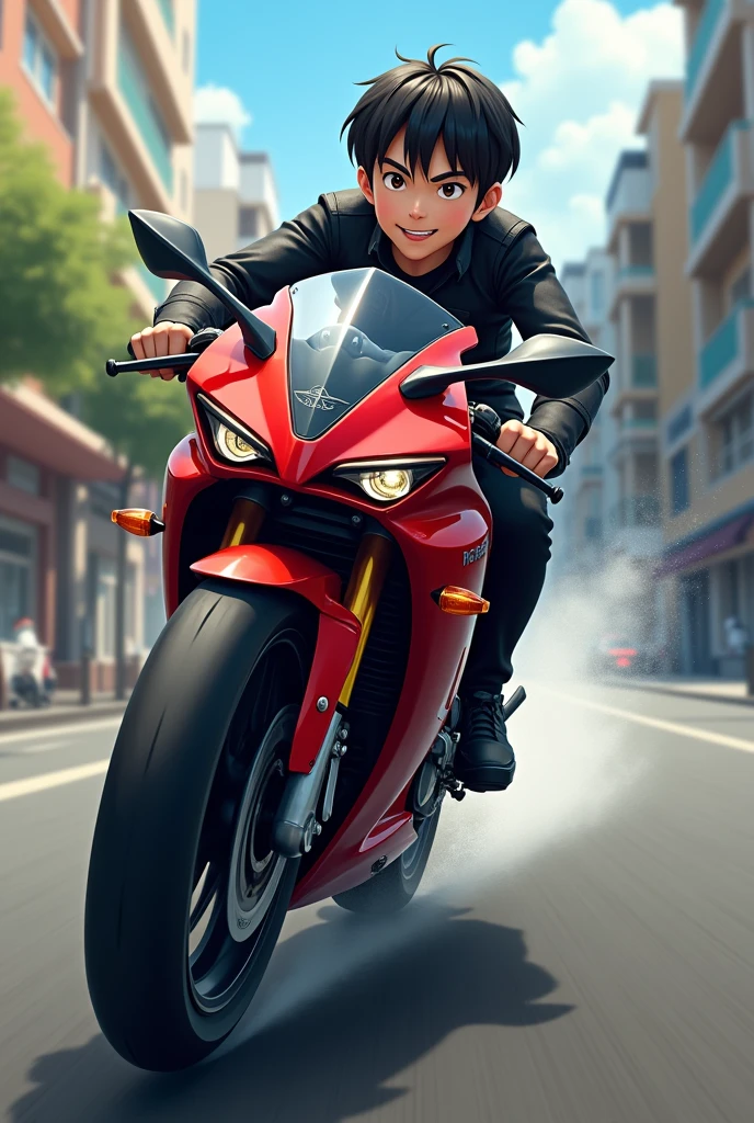 Boy with Loncing GP 300 racing motorcycle in red colors with Pablo name on the back realistic, name him PAUL 