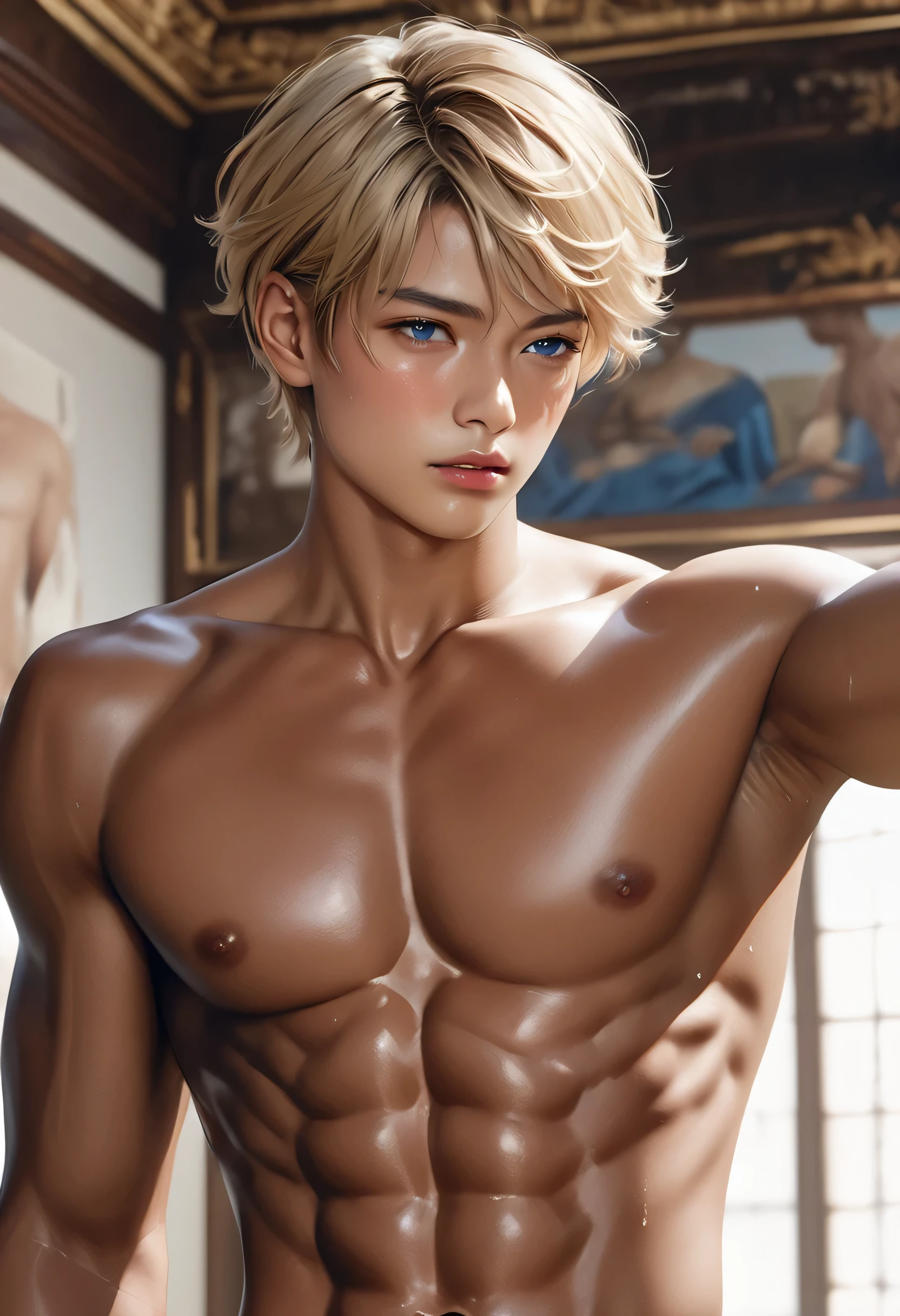 1boy, adult, handsome, perfect face, detailed eyes and face, clean shaved, muscular, capturing a rural atmosphere, dynamic lighting, unreal engine 5, hd picture, satoru gojo, white hair, short hair ,hair between eyes ,blue eyes, white skin, Water details, Sweat details, swimming pool background