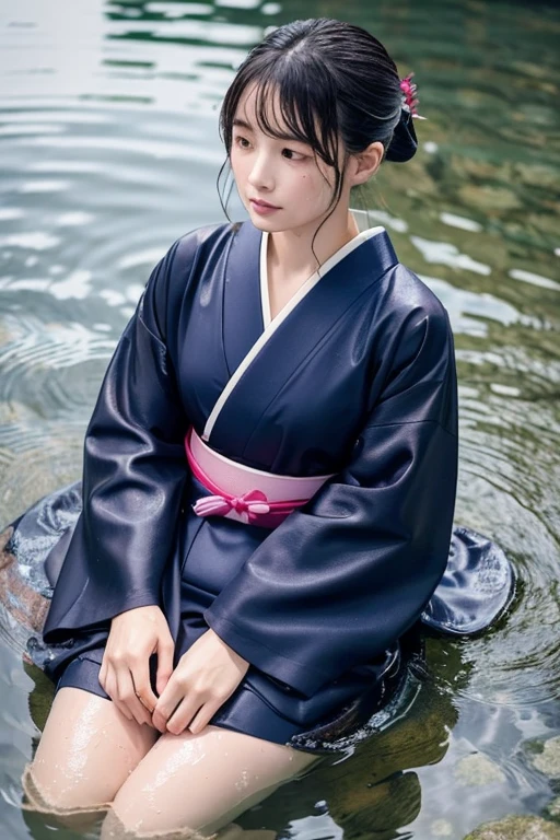 1 person、Real、Hakama、Japanese、kimono、Women、Long-sleeved kimono、long hakama、Clothes that stick to the skin、wet textured clothes、wet clothes 、floral kimono、soaking wet、in the water、swimming figure、underwater in the river、The whole body is immersed、sit in water、wet clothes color