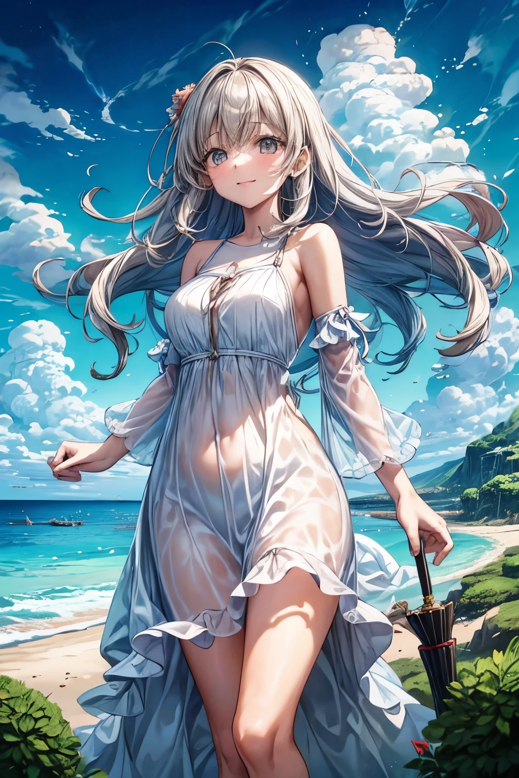 masterpiece, High resolution, Beautiful Landscape, Detailed, 1 girl, Intermediate characters, Beach, J F, studio light, Depth of written boundary. The girl stands on the Beach with her colorful umbrella, Smiling and looking at the audience. She is wearing a beautiful white dress, Her hair is blowing in the wind. The scenery is calm and serene. Light cloudiness, Floating Clouds, Light clouds, swirling clouds. The sunlight shines on the sea. The ocean waves gently wash up on the shore, Produces a calm and soothing sound.