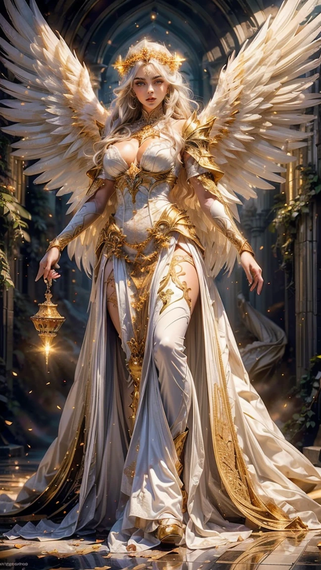 masterpiece, Ultra intricate details, low camera angle, low angle photography, view from below, 1 girl, alone, Angel of Death, blushing, albino skin, compassionate, angel smile, angel tunic with shining white armor, white and gold. pure white large angel wings, white gold jewelry and beads, long neckline, Pearly white hair, straight, floor length, thick and bushy eyebrows, chica Angel of Death, Swollen eyes, perfectly rounded sclera, Highly detailed cherry mouth and lips , large, bright green eyes, arms loose behind the back, posing angelically, expresión compassionate, ((Natural light)), hyperrealistic anime, Augmented reality, Hyperrealistic style, ((Ultra intricate face and body details, extremely detailed skin)), heavenly lights, by day, white energy wall, Ultra quality, 4k high definition, mid body, Background blur