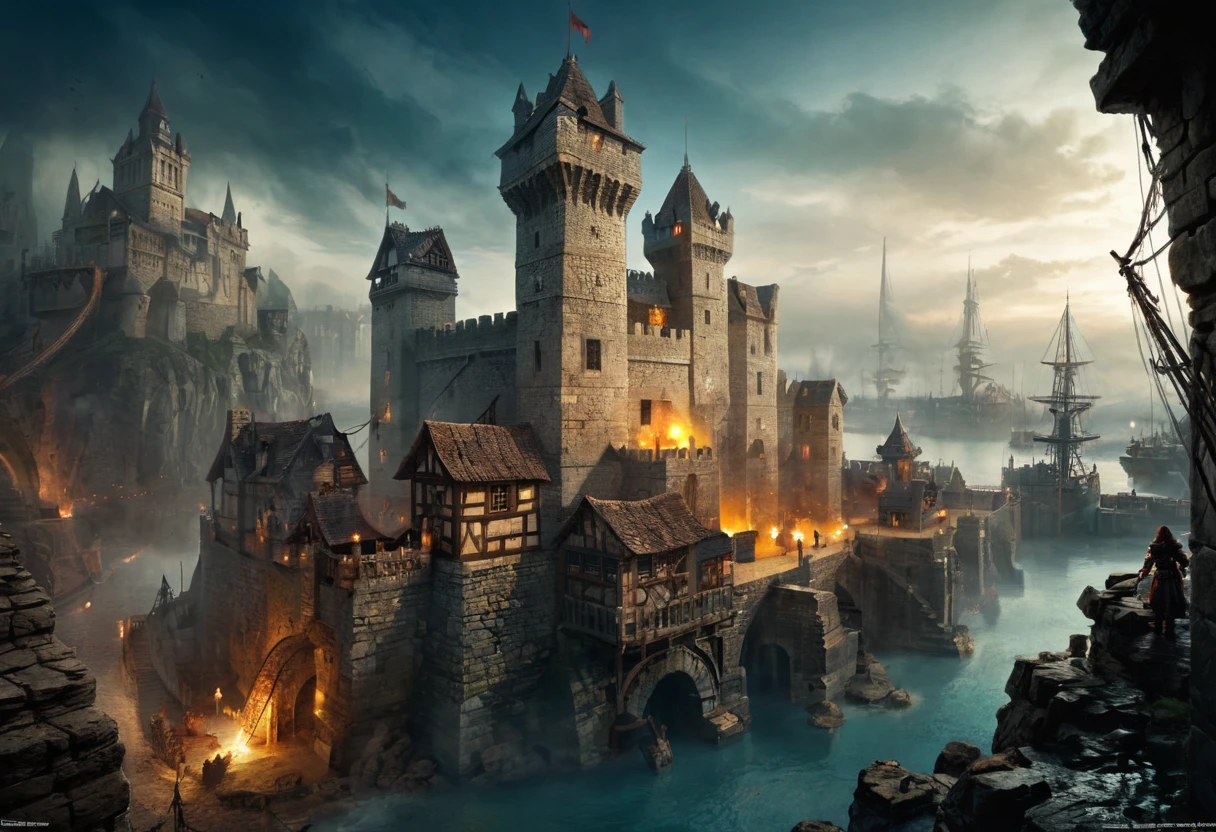 Real story based on the game "dungeons & dragons", epic fortress, tower, dragon and heroes, epic battle, magical artifacts, magic sword, Real photography, cinematic frame, Action scene, digitally manipulated frames, computer graphic effects, Digital art, masterpiece, Real, actual, existing somewhere in another world