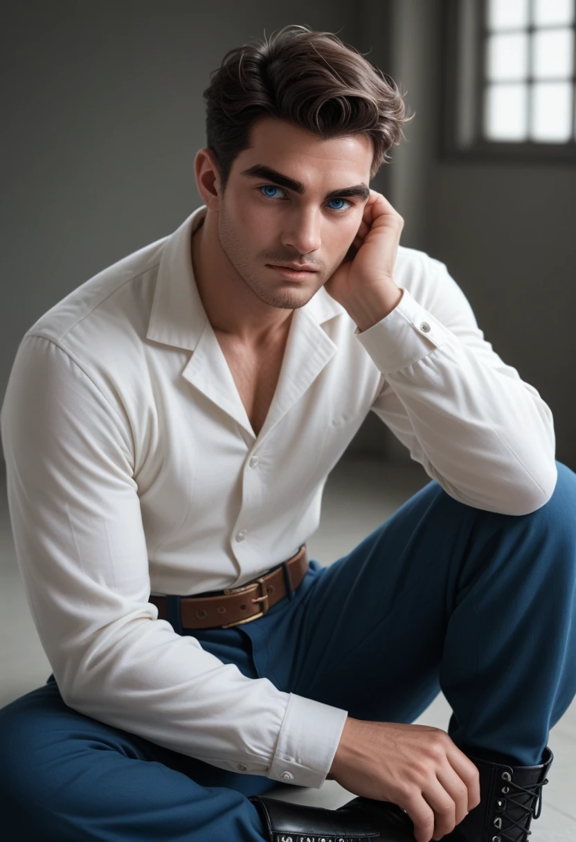 Create an image of a handsome prince with the facial features of Henry Cavill. He has strong, defined jawlines, deep blue eyes, and thick, dark eyebrows. His hair is jet black, slightly wavy, and neatly styled back. He wears a classic white sailor’s shirt with long sleeves, made of soft, flowing fabric, paired with fitted dark blue pants. His sturdy black leather boots and a brown belt complete the look, giving him an adventurous yet regal appearance. His skin is fair, and his athletic build shows strength and grace, embodying both nobility and maritime charm.