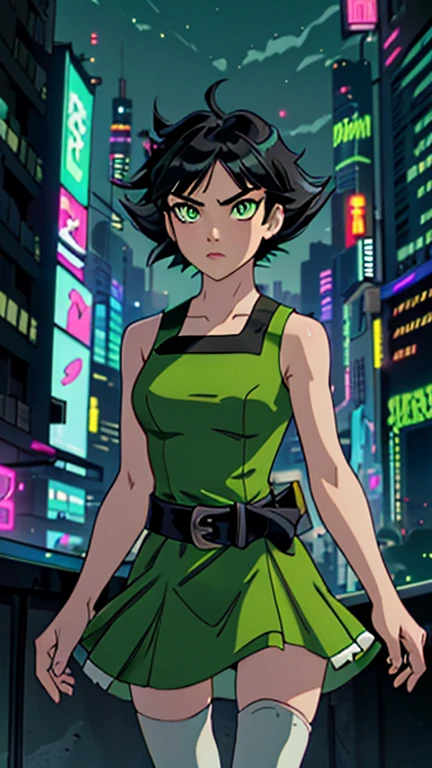 (Teens:1girl: Buttercup), (extremely detailed CG unit 8k wallpaper),(master part), (best quality), (ultra detail), (best illustration),(city-scene-aso), cowboy shot, (Sharp eyeliner, ombre, detailed eyes:1),vivid colors, neon light, night, cyberpunk city, outdoor, ,break , (jeffmatsuda), upper body, (black hair, green eyes, short hair, messy hair), (dress, green sleeveless dress, simple black belt, white thighhighs:1.5)