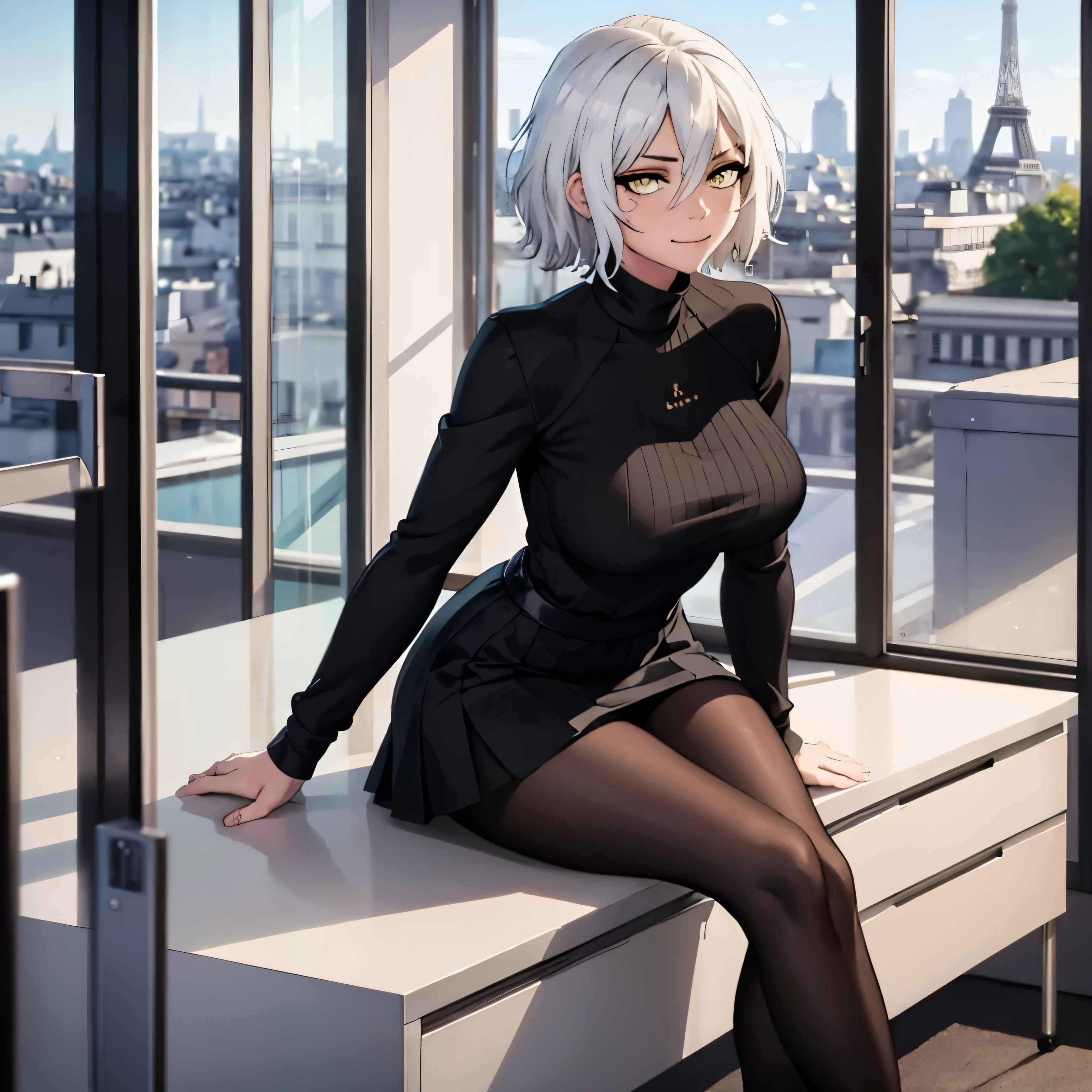 1 Young woman, White hair, big breasts, yellow eyes, mischievous smile, full body, black turtleneck, [black skirt, black pantyhose, white skin, full body, resting on a desk in an office, Paris and the Eiffel Tower in the background, blushing face, Evening, black turtleneck, short skirt, look at the viewer, Evening, black turtleneck, window, Evening, yellow eyes, Evening.