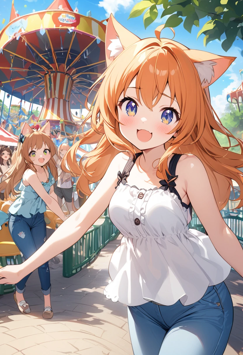 Young girl、Very cute、small、Firm breasts、Denim pants、Orange Hair、High quality backgrounds、、amusement park、Cheerful attitude、Cat ears、Cat&#39;s tail、Patting the head