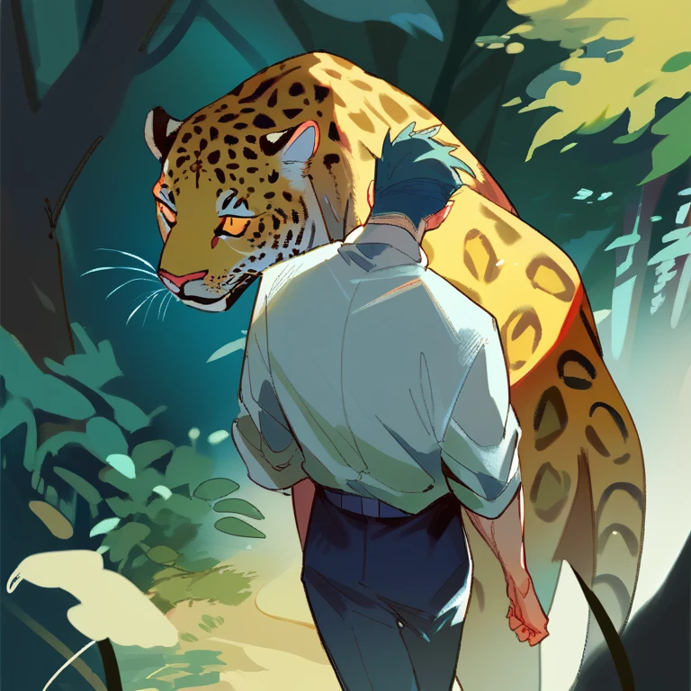 a man from the waist down jaguar with short hair slicked back walking in the forest 