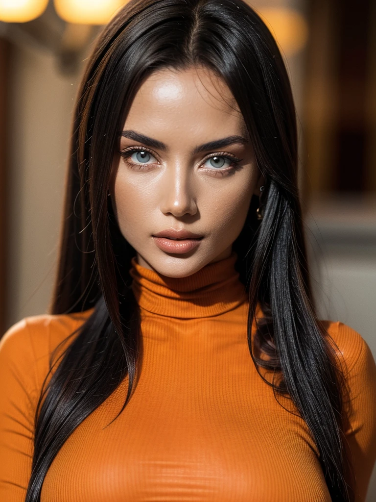 beautiful woman model full body, velvety skin, light eyes, looking at the camera, Perfect face, bright look, perfect body, orange vinyl suit, detailed face, detailed body, warm colors