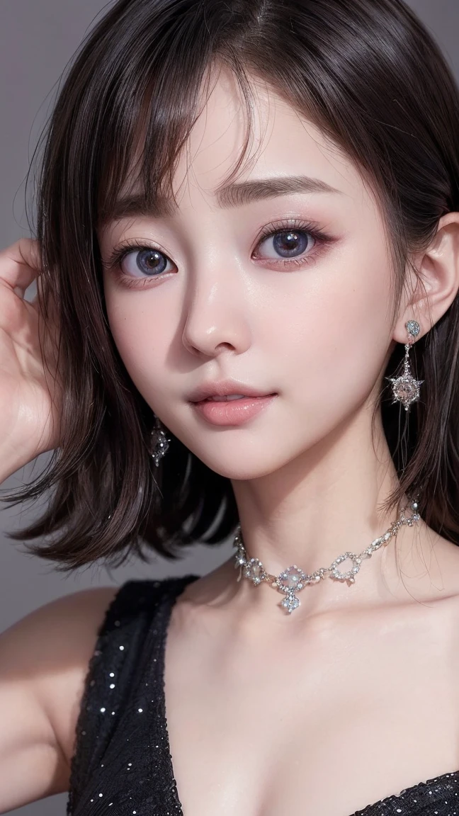 (4K quality:1.3),(Best Quality:1.5),(Whitening:1.4),(Beautiful Skin:1.4),(10th Generation:1.5),(Baby Face:1.5),(Two ultimate beauties:1.5),(Arisa Hanyu:1.4),rich,Upper Body,smile,(tits:1.5),(A black bejeweled dress with a plunging neckline:1.3),(The chest is thin:1.4),(jewelry),(Super Celebrity),(Supermodel),(Tight waist:1.4),(Night viewの良いホテル:1.1),(luxury:1.2),(Arisa Hanyu:1.5),(Anorexia:1.4),(Night view:1.3),(Face close-up:1.2),Catchlight,(Child&#39;s face),(smile:1.1),(Half Up Hair:1.3),(Bright Blue Eyes),(2D cuteness:1.5),(Cute Makeup),Beautiful fingertips,(Transparent white skin),(albino),(Light hits the subject:1.3),Best Shot