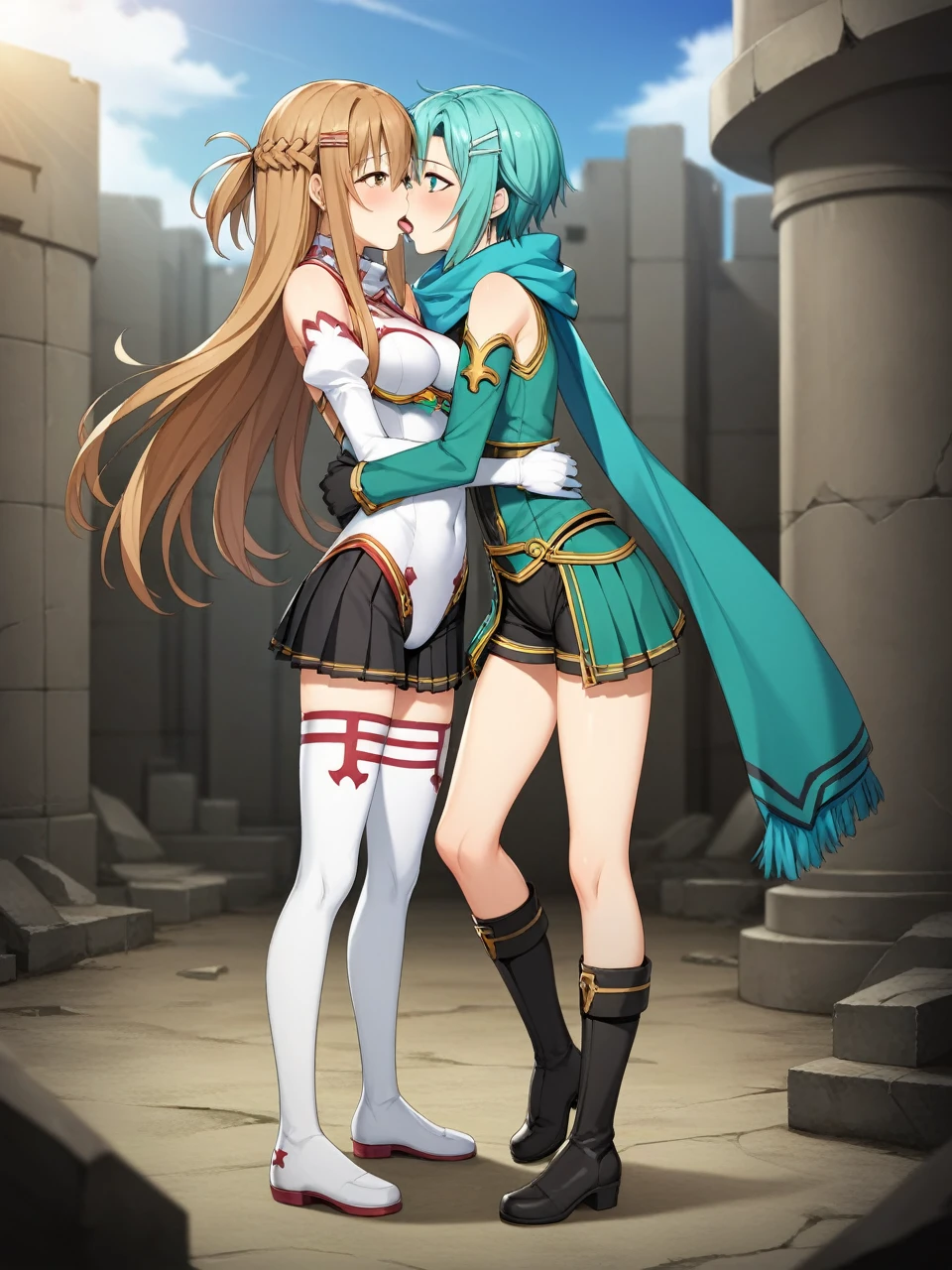 2 girls leasbians, BREAK ,sinonggo, aqua eyes, short hair, aqua hair, sidelocks, hair between eyes, hairclip, hair ornament, green jacket, leotard, scarf, black shorts, gloves, long sleeves, medium breasts, BREAK , yuuki asuna, brown eyes, brown hair, long hair, bangs, braid,skinny, slender body, tiny, medium breasts, standing, brown short boots 
red pleated skirt, white detached sleeves, bare shoulders, white thighhighs,
both the same height, hugging, looking into each others eyes, french kissing, tongues out
urban battlefield, ruins, night sky, depth of field, cinematic, game cg, anime screencap, official art, masterpiece, best quality, full body shot
